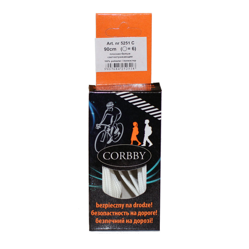 CORBBY Шнурки 90 см. плоские белые ФОСФОРЕСЦЕНТНЫЕ.